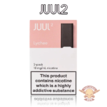 JUUL 2 Lychee 2-pack with 18 mg/mL nicotine, featuring a pink and white packaging design. Includes a warning label stating: 'This product contains nicotine which is a highly addictive substance.' Vape Dubai Hub logo is visible.