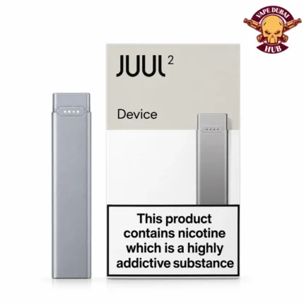 JUUL 2 Device in UAE silver device with retail box and Vape Dubai Hub logo